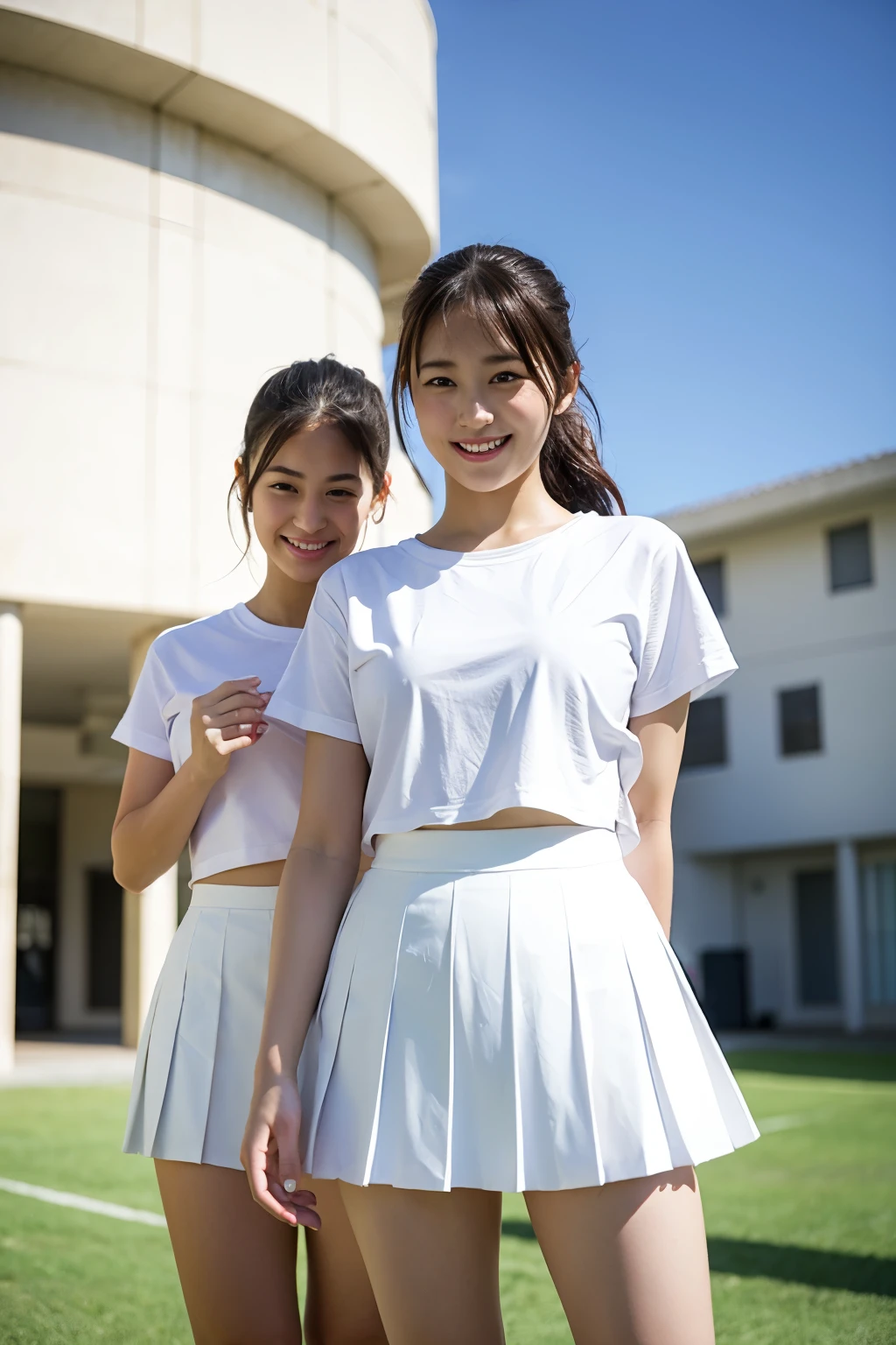 girls standing in school yard in summer, white plain t-shirt with white pleated skirt, 18-year-old,bangs,a little smiles,thighs,knees,crotch,low ponytail,from below, heavy rain, wet body