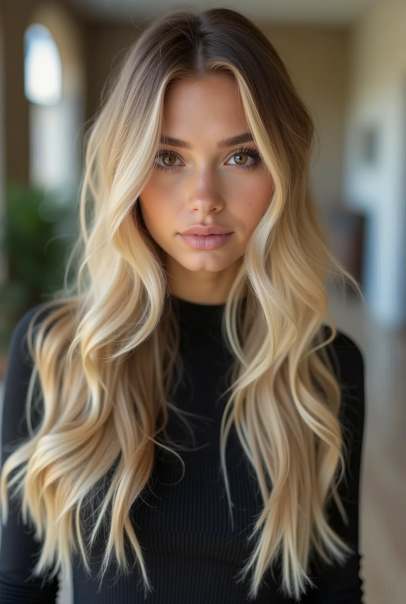 Blonde long hair Balayage style, brown eyes, cute fashionista, latex leggings , beautiful,18, high quality, apartment, upper class