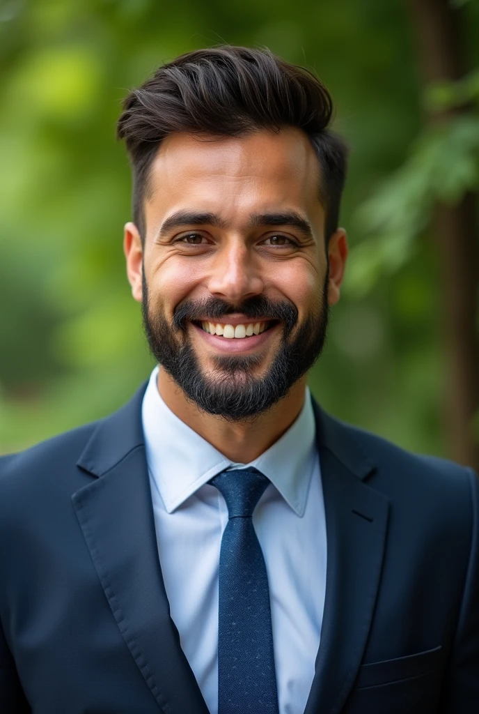Brazilian businessman, beautiful hair, Suit, well-groomed beard, nice eyes, health up to date, greenery background,  full image up to the abdomen, 4K FulHD image, he is not smiling. 