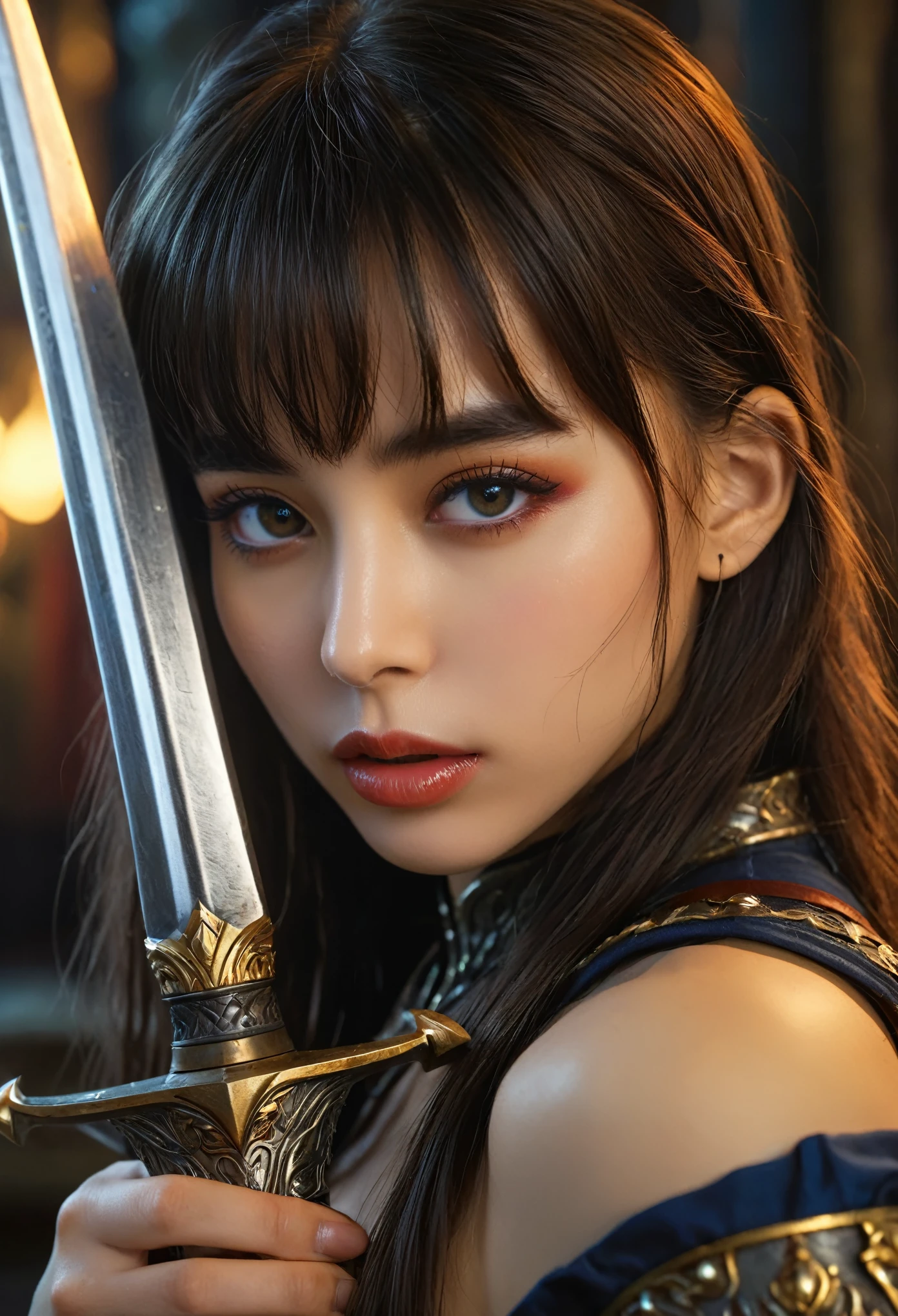 (Highest quality),(realistic,photorealistic,photo-realistic:1.37), ultra-detailed,(best quality,4k, 8k, highres, masterpiece:1.2),beautiful detailed eyes, beautiful detailed lips, extremely detailed eyes and face,longeyelashes,1girl, exotic noble warrior, detailed Gothic palace background, ornate armor, holding a halberd, (surrounded by a monstrous army:1.2), dramatic cinematic lighting, vibrant colors, epic fantasy scene, toned thighs, toned abs, whole body, (muscular:1.2), (Yaiba:0.8), blunt bangs,