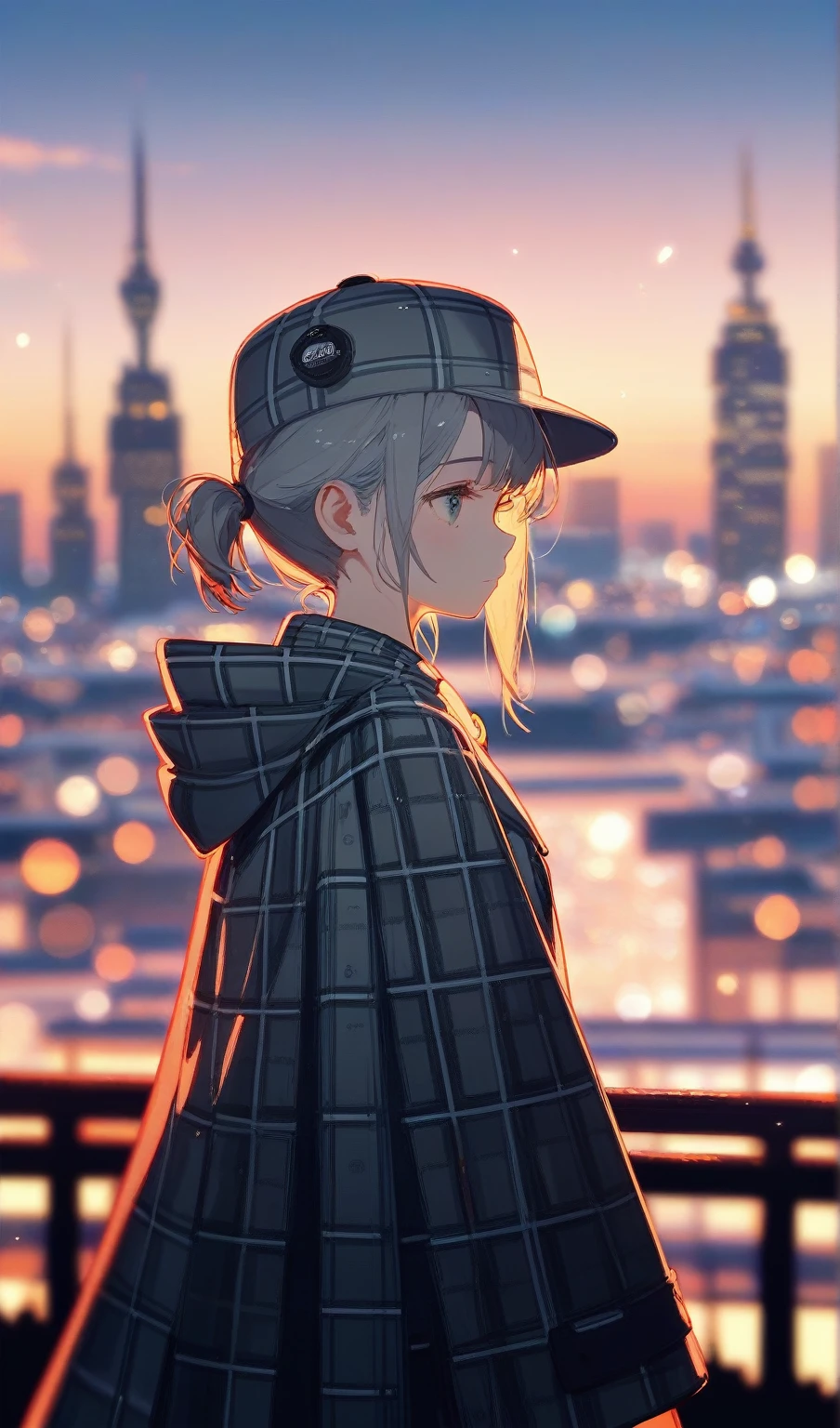 Fraction_9,Fraction_8_up,Impressionism.Sunset.1 girl's back,wonderful,city View,Depth of Field,Gray short hair,Small ball single ponytail,Sherlock Holmes hat,Grey plaid cape