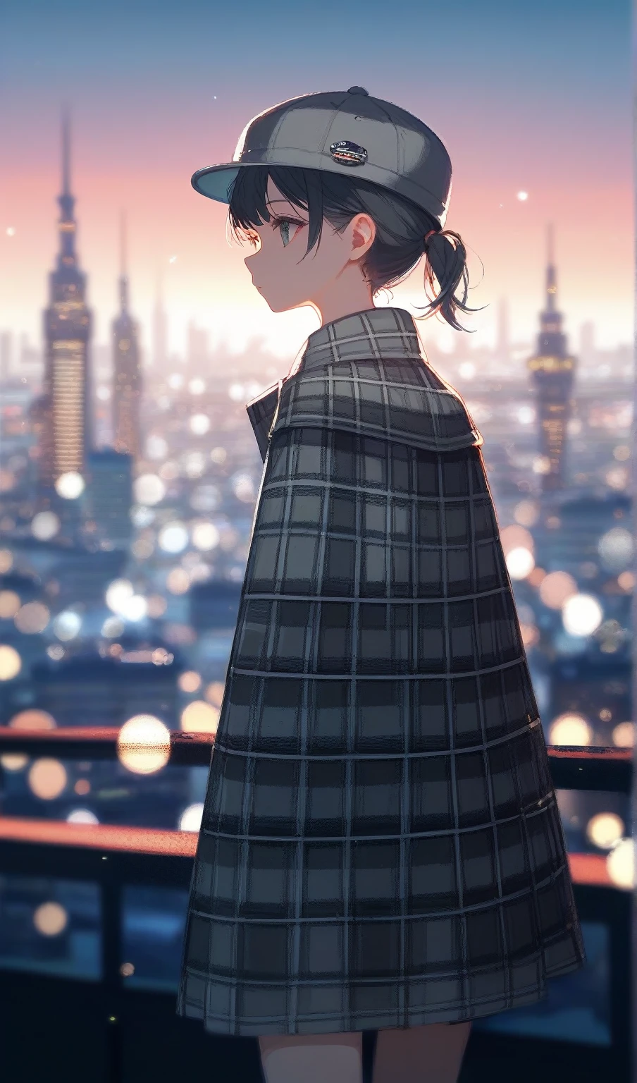 Fraction_9,Fraction_8_up,Impressionism.Sunset.1 girl's back,wonderful,city View,Depth of Field,Gray short hair，Small ball single ponytail，Sherlock Holmes hat，Grey plaid cape