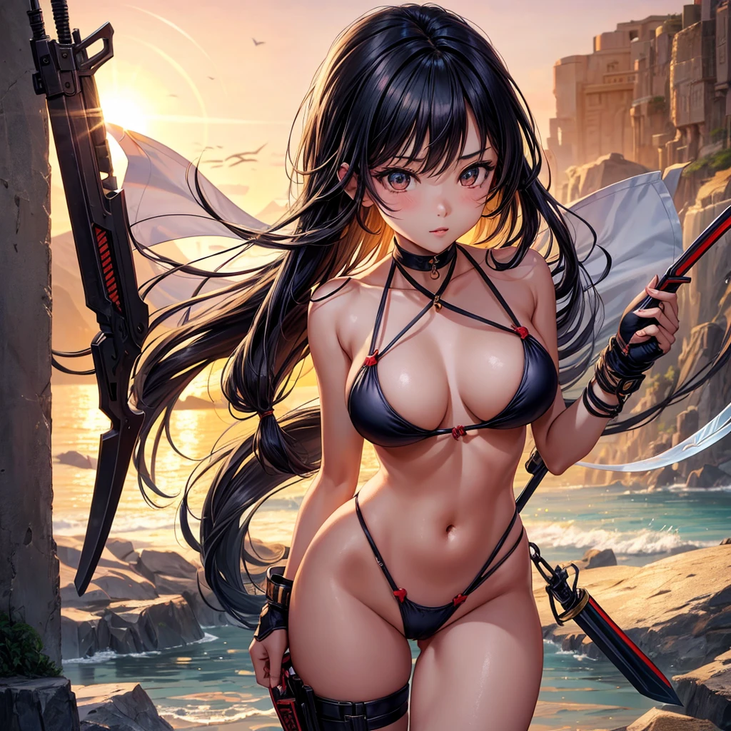 Beautiful Asian girl, 18 years old, mini bikini assassin girls, sexy lady, big breasts, camel toe, little blade in hand,