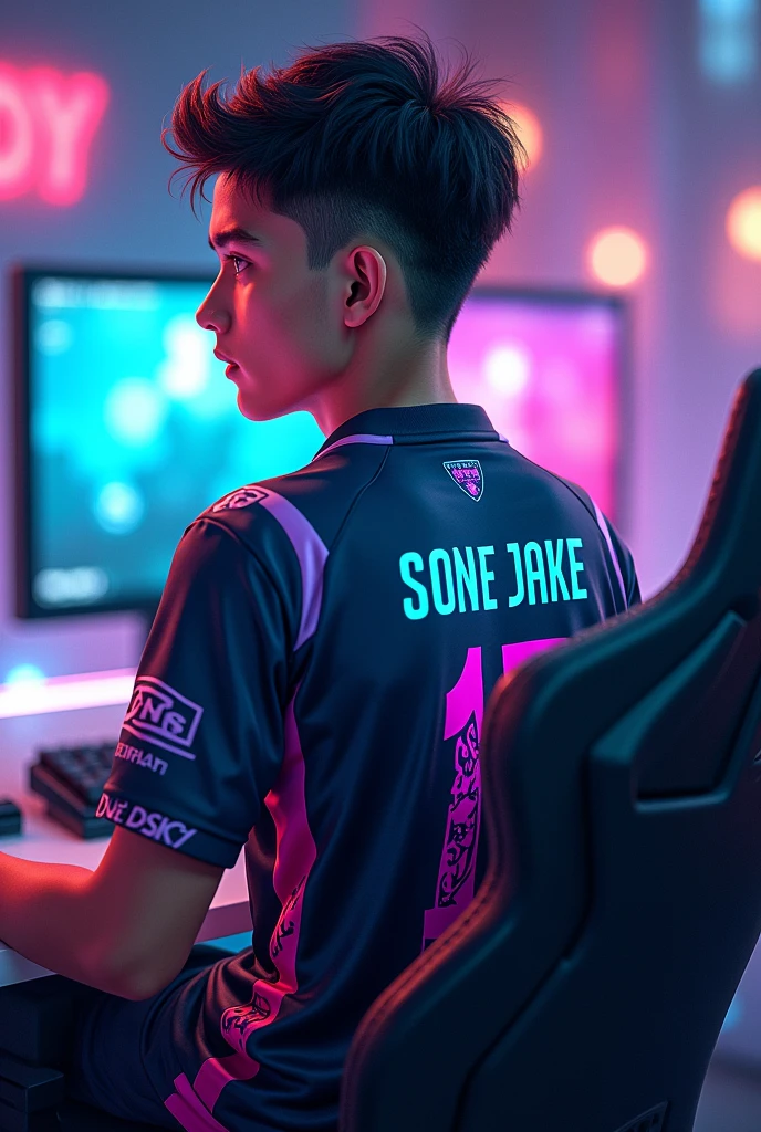 A young man gamer wearing esports jersy, with a name "Sone Jake" at the back.