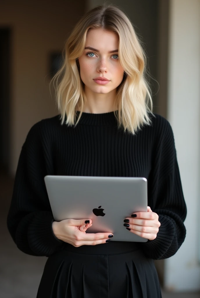 beautiful white-skinned girl, medium-blonde hair, with bright sparkling eyes, shiny skin, beautiful black manicure, beautiful nails, pearl skin, holding a laptop in her hands, in a black sweater and a black long skirt, beautiful detailed fingers, professional photo, 4k, high resolution, high detail, aesthetically pleasing, beautiful, realistic, looking straight ahead