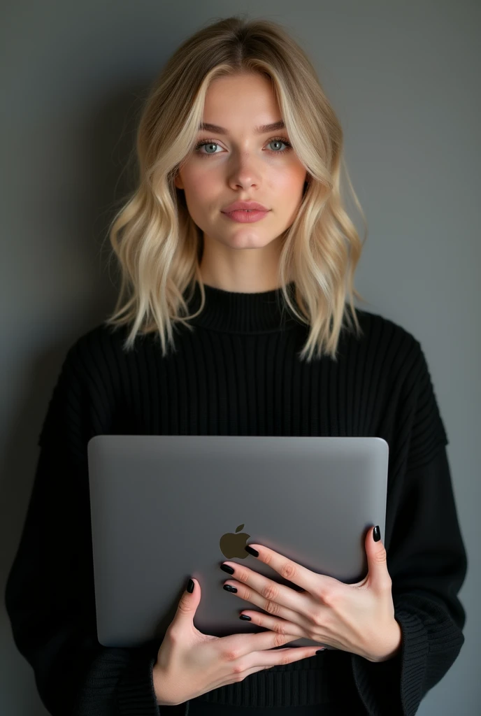 beautiful white-skinned girl, medium-blonde hair, with bright sparkling eyes, shiny skin, beautiful black manicure, beautiful nails, pearl skin, holding a laptop in her hands, in a black sweater and a black long skirt, beautiful detailed fingers, professional photo, 4k, high resolution, high detail, aesthetically pleasing, beautiful, realistic, looking straight ahead