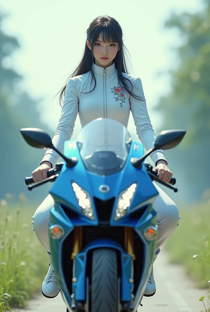 Create a image of girl wearing white and blue uniform and riding Ninja h2r motorbike she is very pure natural innocent and beautiful