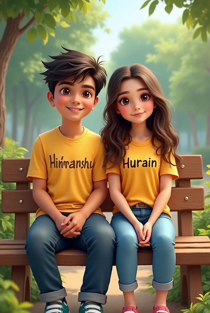 19 years old A handsome boy whose name is HIMANSHU written on his shirt. and 18 years old a beautiful girl whose name is HURAIN written on his shirt, both are together and looking towards the front. both sitting on the bench