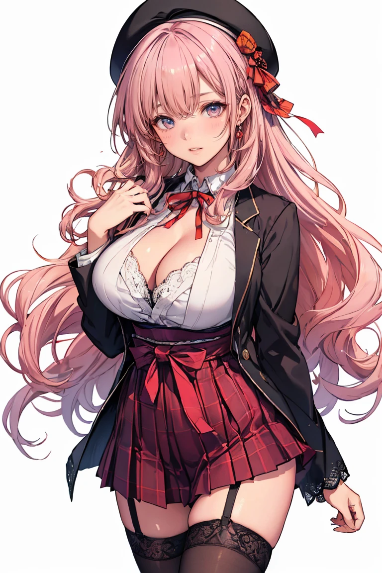 (cowboy shot: 1.5), (white background, simple background: 1.5), (masterpiece:1.5), (big breasts: 1.5), (1 girl: 1.5), young woman, (Beautiful Girl:1.5), (extremely detailed and delicate anime face and eyes:1.5), whole body, (natural light, HDR, extremely details CG:1.3), (dynamic posture: 1.3), {correct body anatomy}, (wide hips: 1.3), (perfect hands: 1.5), single focus, toned body, Beautiful Lips, thick lips, {surreal}, {correct posture}, {minutes details}, {detailed body}, {detailed clothing}, (Bright Eyes: 1.3), (cleavage: 1.3), {accessories}, {sexy}, (school uniform Winter: 1.3), (Short black blazer: 1.5), (white blouse: 1.3), long sleeves jacket, (puffed sleeves: 1.3), (High waist pleated skirt: 1.5), (Plaid skirt: 1.3), high waist skirt, (short skirt: 1.3), (black lace-trimmed legwear: 1.5), black thighhighs, garter belt, (Hakama bow: 1.5), (Silk beret: 1.5), (ribbon: 1.3), (neck ribbon: 1.5), (bowtie: 1.3), black heels shoes, jewelry, earrings, (light smile: 1.3), (extra long hair: 1.5), (two-tone hair: 1.5), (Carmation Pink hair with light Purple streaks: 1.5), (permed hair: 1.5), (long wavy hair: 1.3), very thick hair, (swept bangs: 1.5), (sidelocks: 1.3), glowing hair, (bright rubine red eyes: 1.3),