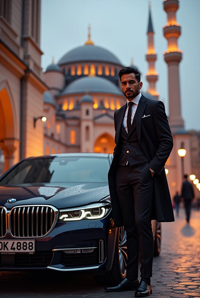 A rich singer  male  stand front of the Paris famous mosque with bmw car evening time