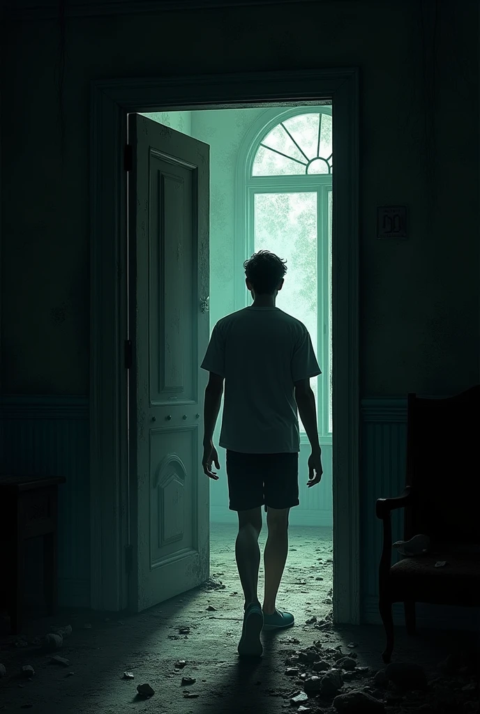 The young man enters the dark, creaky mansion.]