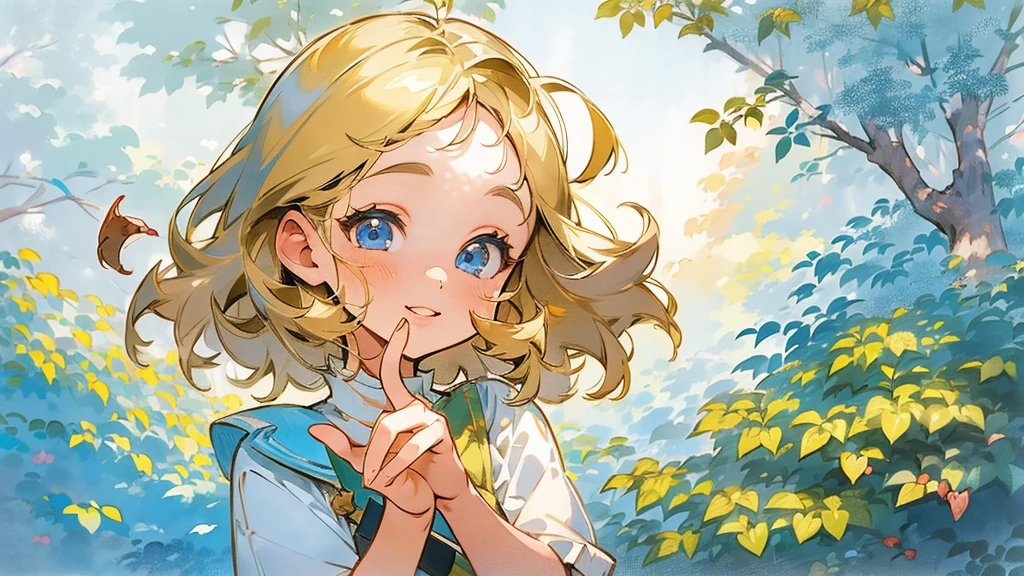 1girl, hold acorn, acorn girl humanization, blonde hair, blue eyes, dress, forest, leaf, lips, looking at viewer, nature, short hair, solo, traditional media, tree, upper body, watercolor \(medium\), cute, smile, (fingers detailed, fingers hold acorn, correct fingers anatomy)