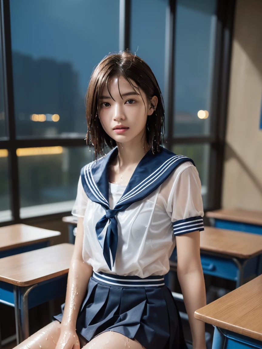 (masterpiece:1.2), Very detailed, Ultra-high resolution, (Realistic, photo Realistic:1.6), High-resolution RAW color photos, Professional photos, Sharp focus:1.2, (Very detailed顔と肌の質感, Very beautiful eyes, Glossのある肌, Glowing Skin, Glowing Skin, Shining Face, Gloss, Oily skin, greasy face, Oily skin, greasy face,),, (real Glossのある肌 texture), Perfect Anatomy, Very detailed背景,(High school classroom at night),,25-year-old woman, Japanese women,height: 168cm,(short hair, Straight hair, bangs, Brown Hair),((Flat Chest:1.6)),(Slim, thin legs), ((((Short Sleeve White Sailor School Uni形状、Navy blue pleated skirt:1.5、Sexy bra covered by sailor suit))),Sit at a desk、(((Wet and sheer sailor suit:1.4)))