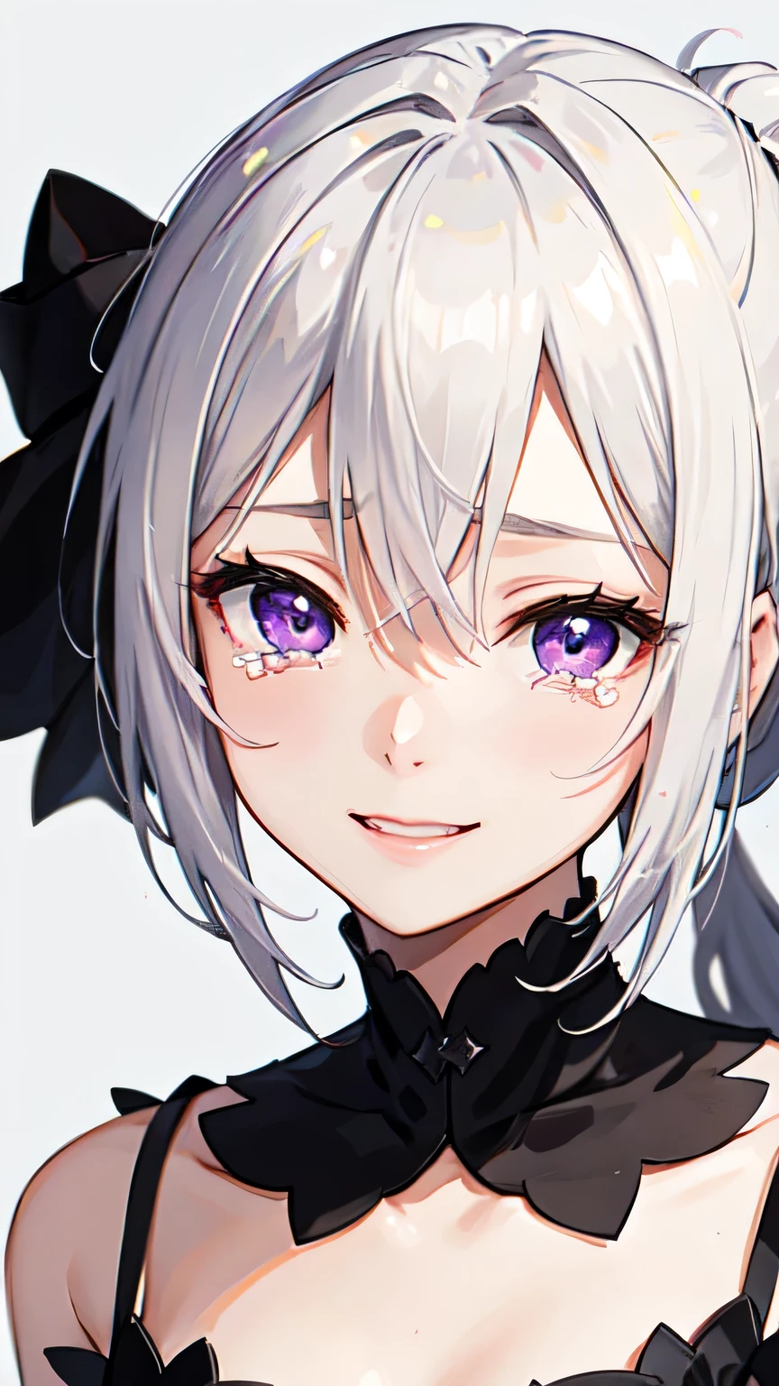 ((Highest quality)), ((masterpiece)), (detailed), One girl,White hair tied in a ponytail、Purple Eyes,Tears and smiles, everything,I want to share with you,Cherish this moment,May it continue forever,Almond Eye,Close up of face