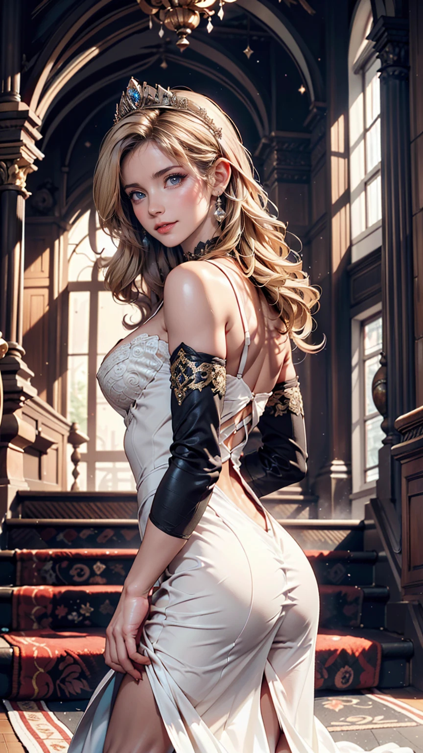 Beautiful young princess with platinum blonde hair and blue eyes, She is wearing a beautiful long white ornate dress.、Attractive Young Woman, (Beautiful Face:1.1), Detailed eyes, Seductive lips, (eye make up:1.2), (Medium chest:1.0), (Toned body:1.2), Sexy proportions、Narrow waist、A luxurious palace、Luxury carpet、Stiletto heels、Stairs leading to the throne、look back