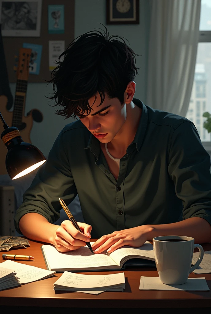 Young man writing songs in his room and venting his pain over the absence of his ex-girlfriend