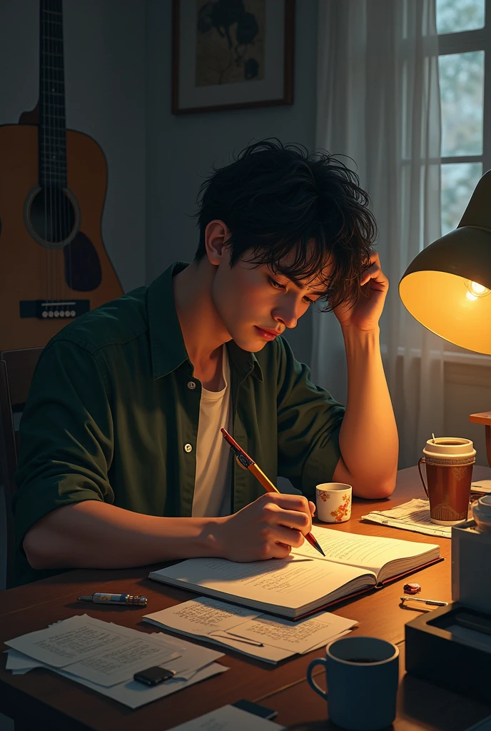Young man writing songs in his room and venting his pain over the absence of his ex-girlfriend