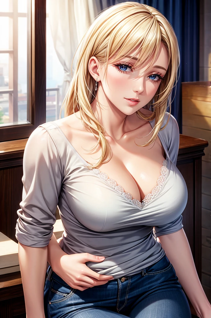 Realistic, Elegant mature woman, blue eyes, Blonde, Casual clothing, Soft Light, Detailed, 4K resolution, high quality, Beautiful CG,nsfw