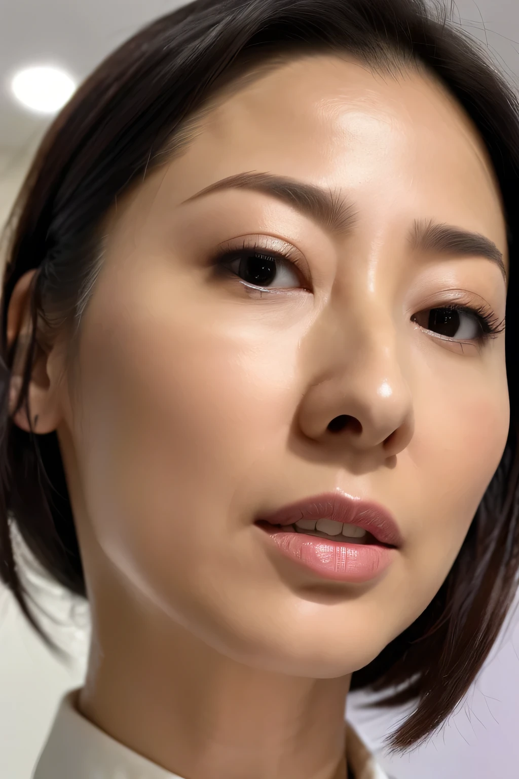 Beautiful Japanese actresses,(photo Realistic:1.4), (hyper Realistic:1.4), (Realistic:1.3),Very detailed, Edge Orgasm,face Focus, Woman with open mouth and closed eyes , A woman with an edge _face、Age 35、Black-haired、 News anchor、Very small toilet,((skin shining with 汗))((Clabrasion glistening with 汗,face shining with 汗)),（,Entrance to the house、In front of the front door、In front of the shoebox、White collared shirt,Hair tied up、teacher,(Wet Filter)(((下からのfaceのクローズアップ)))((large high nose,Prominent Nose))小さなface,((real skin,skin details,pores))