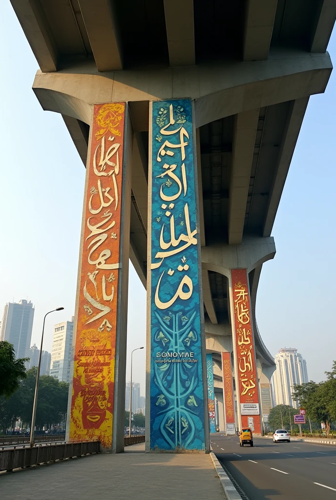  row of flyover pillars with painted by Arabic ,bangla and English calligraphy 