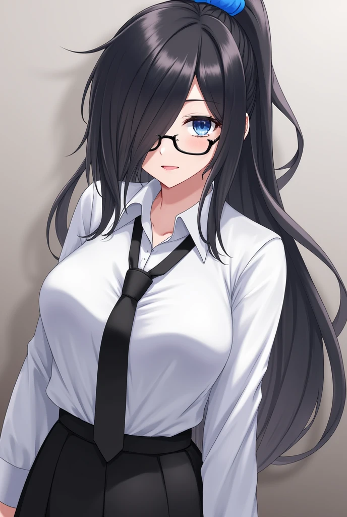 (High quality, 8ก, 4K, high contrast, Masterpiece:1.2, 最High quality, The best aesthetics ), beauty, very detailed, Sexy and erotic girls, (big breasts, long black hair , High ponytail , My face covers one eye. , Blue hair tie , blue eyes ) , Girl 1 , white shirt , black skirt , Black tie , Wear round glasses , Height 166 , Gentle face