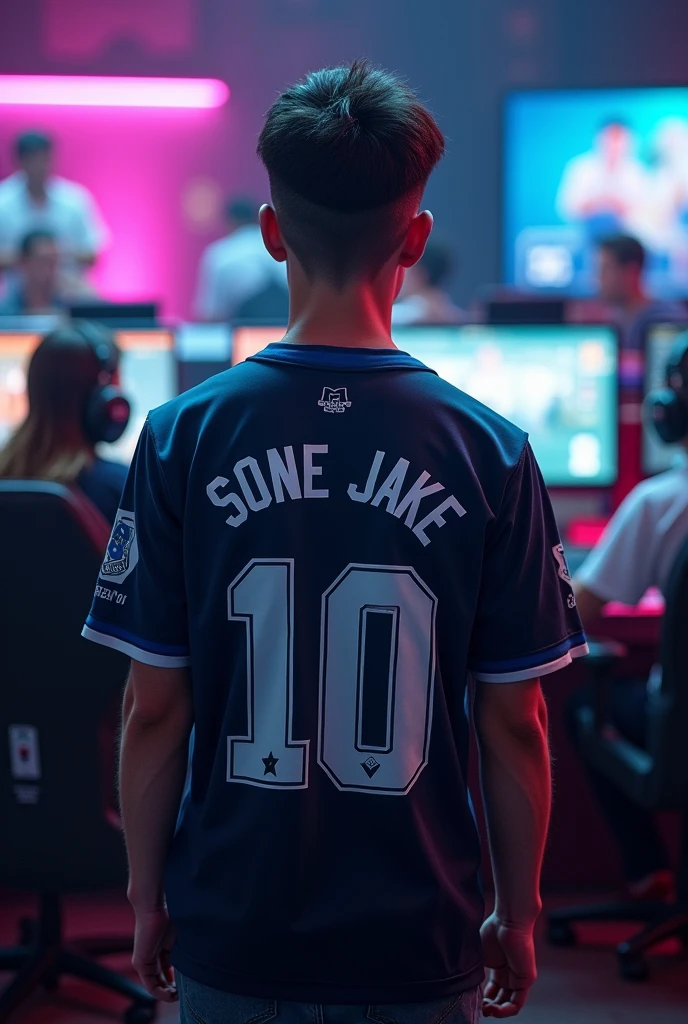 A young man gamer facing at the back wearing esports jersy, with a name "Sone Jake" at the back.