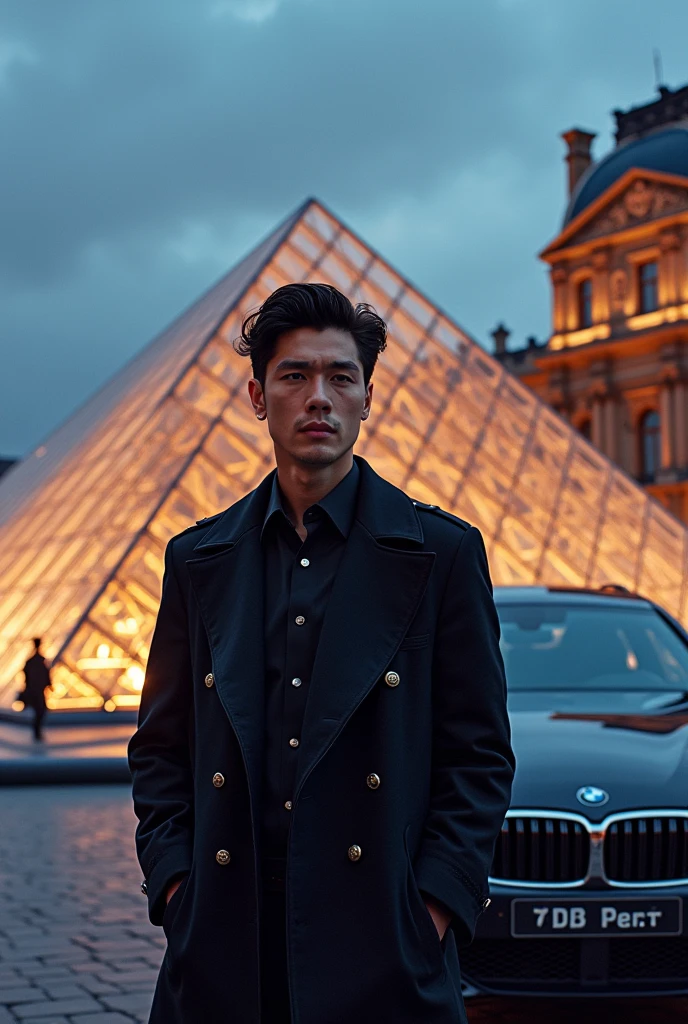 A Korean singer  male  stand front of the Paris famous museum with bmw car evening time art illusion