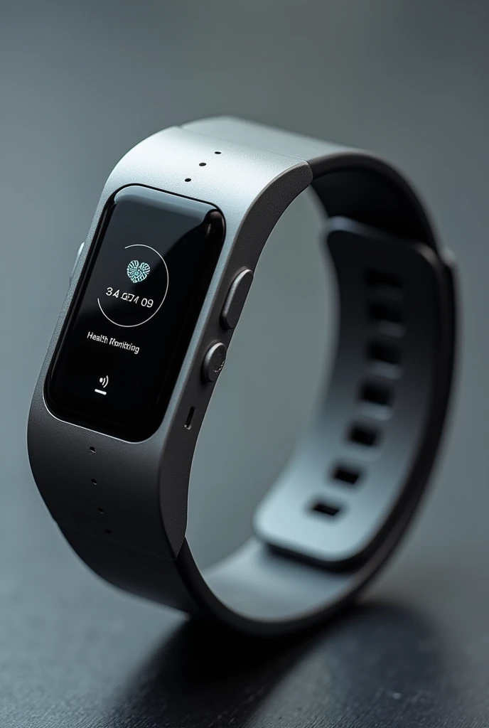 "Design a sleek, futuristic wristband called the SmartWrap, featuring a smooth, metallic finish and a minimalist display screen. The device should showcase its durability with a rugged yet elegant design, highlighting its heatproof and waterproof qualities. Include a holographic projection above the wristband, displaying a 3D face during a video call. The band should be comfortable, with a streamlined, ergonomic fit, perfect for everyday wear. Show it in action, perhaps with the health monitoring screen active, emphasizing its advanced technology and versatility."