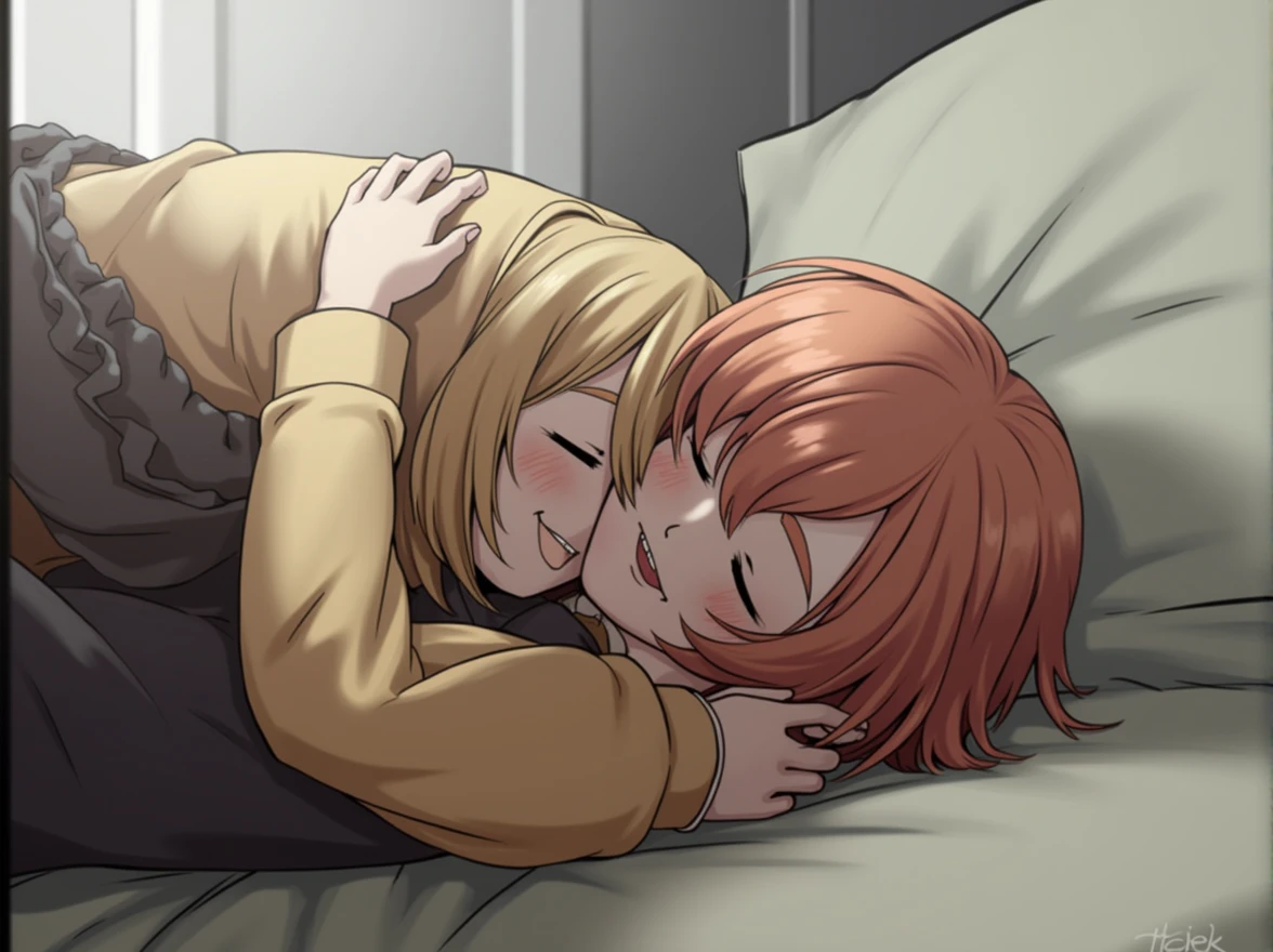 Hugging each other happily and smiling