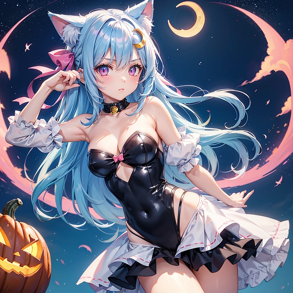(Sky blue hair),(Medium Hair), (Pink Eyes),Fair skin) ,(whole body),(One Girl),(Crescent Moon),(There are lots of pumpkin ghosts in the background),Cat ear,Cat clothes,Cat's Tail,(If you don't give me sweets, I'll play a prank on you.),Halloween Night Party),(masterpiece, Highest quality, Very detailed, Best Shadow), (Detailed Background), (Beautifully detailed face), High Contrast, (Best lighting, Very delicate and beautiful), ((Cinematic Light)), Hyper Detail,8k, Dramatic Light, Intricate details,night,(Bats flying in the background),Pumpkin handbag,There are sweets in the bag,