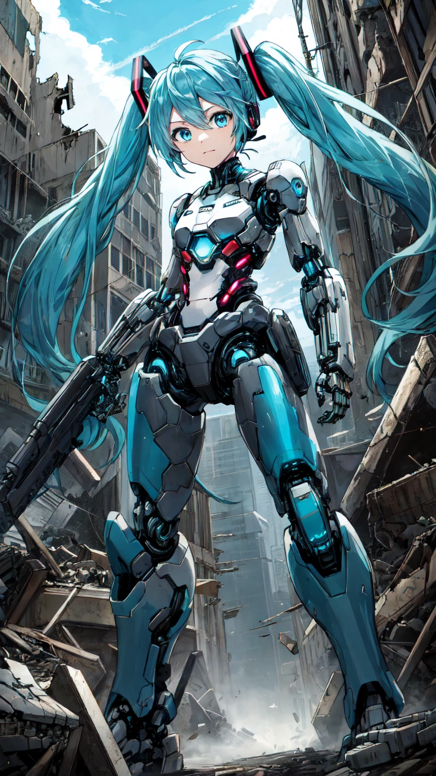 Hatsune Miku Vocaloid、Twin tails、Light blue hair、Bright Blue Eyes、Highly sophisticated cyborg, Arms folded in front of the destroyed city, Bionic body with futuristic details. (破壊された街の前で腕を組んだHighly sophisticated cyborg, Bionic body with futuristic details.)