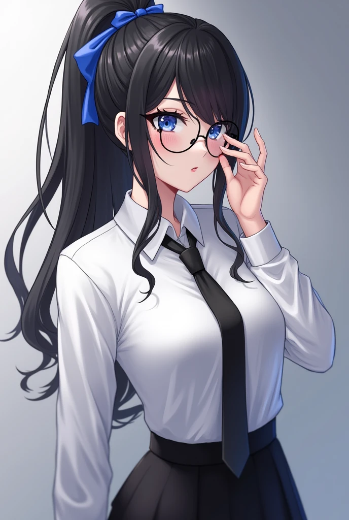 (High quality, 8ก, 4K, high contrast, Masterpiece:1.2, 最High quality, The best aesthetics ), beauty, very detailed, Sexy and erotic girls, (big breasts, long black hair , High ponytail , My face covers one eye. , Blue hair tie , blue eyes ) , Girl 1 , white shirt , black skirt , Black tie , Wear round glasses , Height 166 , Gentle face