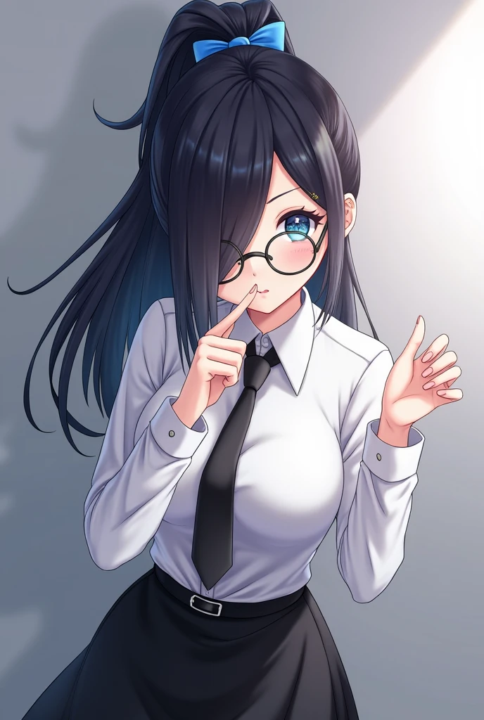 (High quality, 8ก, 4K, high contrast, Masterpiece:1.2, 最High quality, The best aesthetics ), beauty, very detailed, Sexy and erotic girls, (big breasts, long black hair , High ponytail , My face covers one eye. , Blue hair tie , blue eyes ) , Girl 1 , white shirt , black skirt , Black tie , Wear round glasses , Height 166 , Gentle face