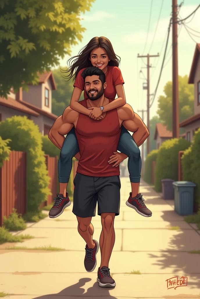 A strong girl give her boyfriend piggyback ride home