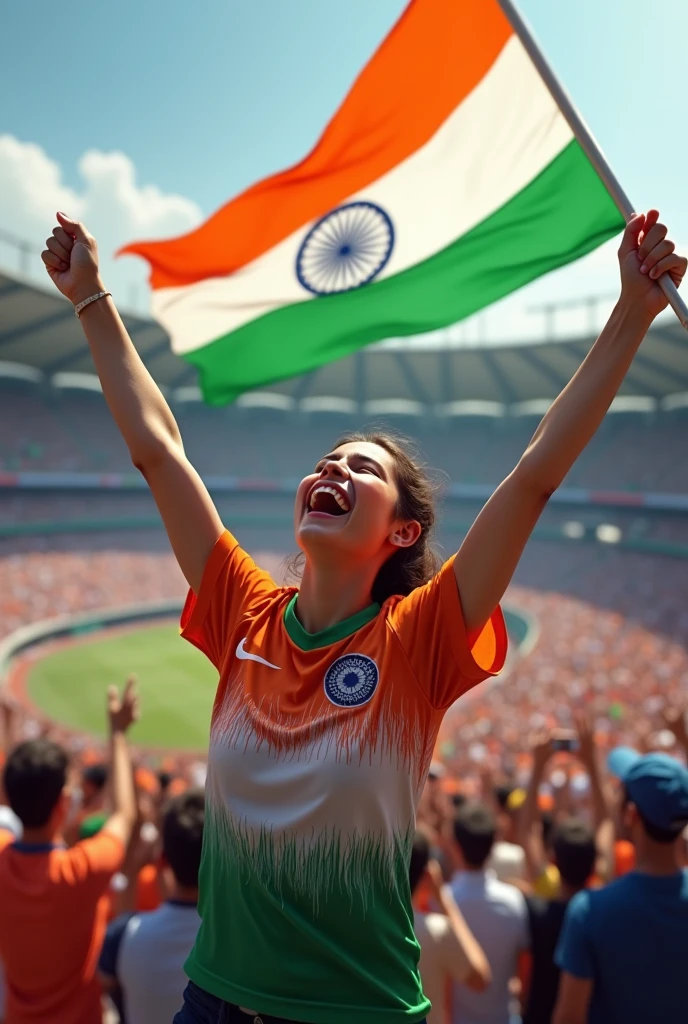 Indian cricket team supporters girl shouting for indian team in a jam packed cricket stadium