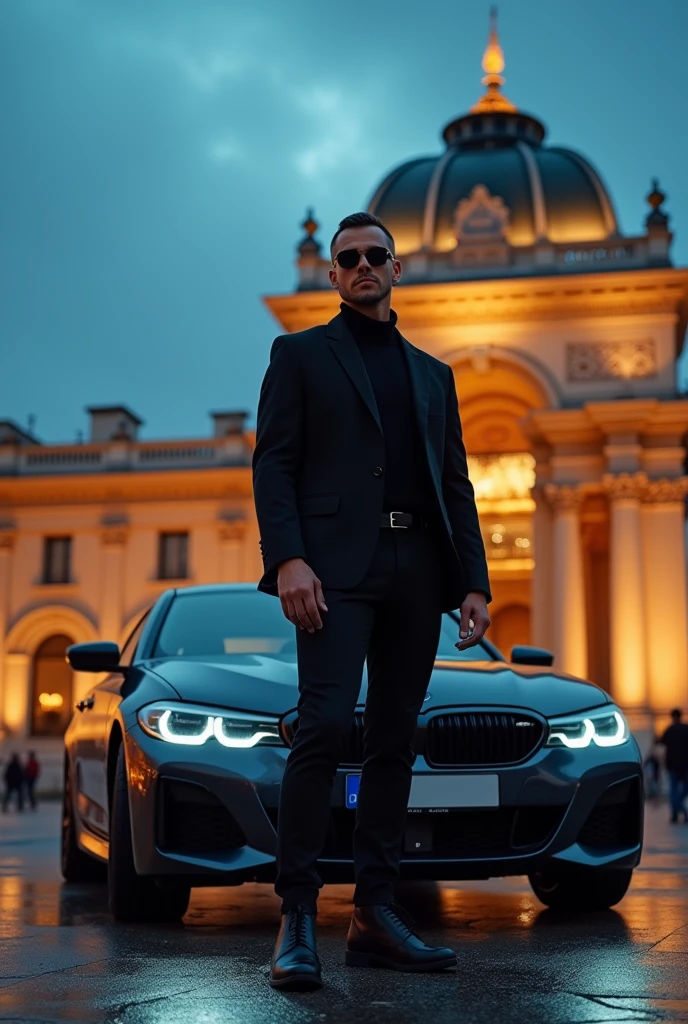 A beautiful singer male stand front of the Paris famous museum with bmw car evening time art illusion