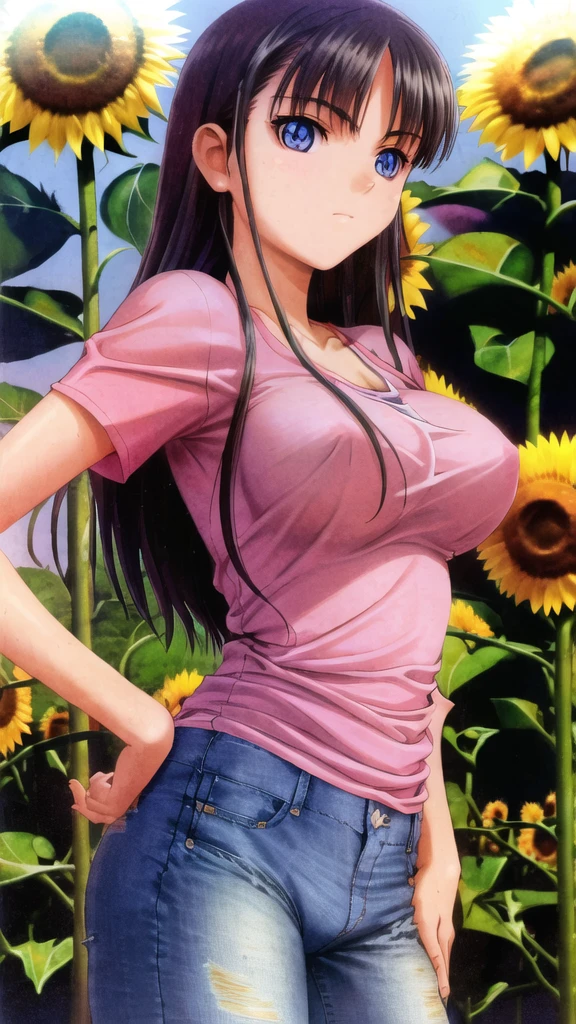 (mizushima_asa) Long Straight Hair (pink t-shirt, Blue Eyes, Big Breasts:1.5, short jeans), Soft Smile, sunflower garden, masterpiece, best quality