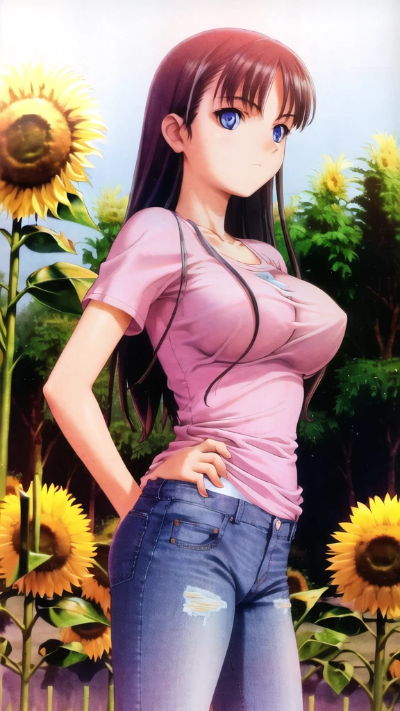 (mizushima_asa) Long Straight Hair (pink t-shirt, Blue Eyes, Big Breasts:1.5, short jeans), Soft Smile, sunflower garden, masterpiece, best quality