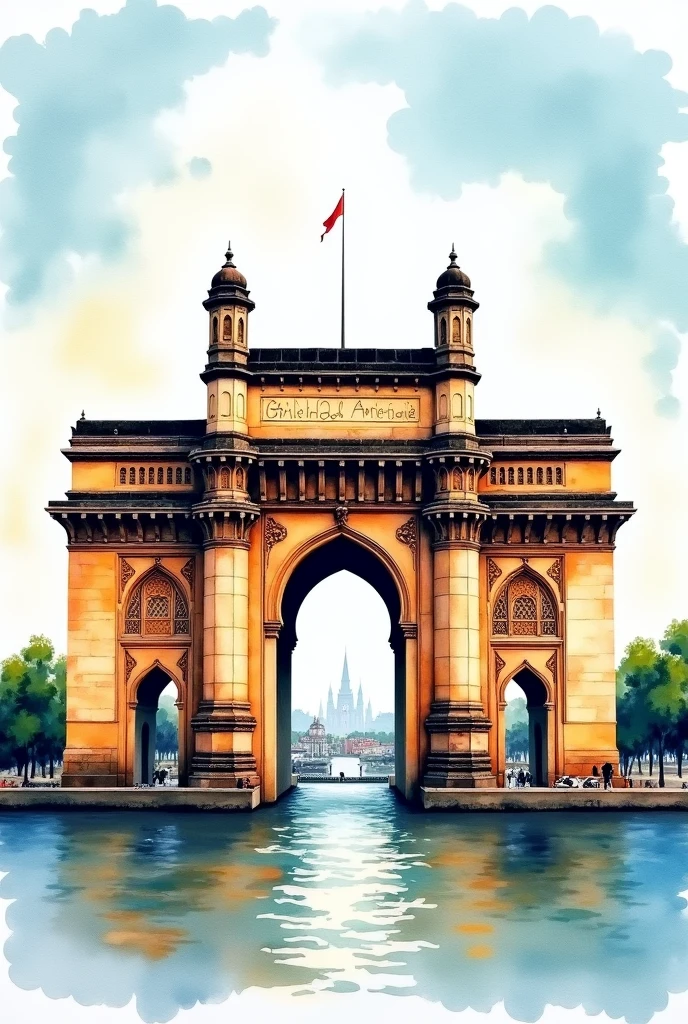 Watercolor painting of gateway of india, front view
