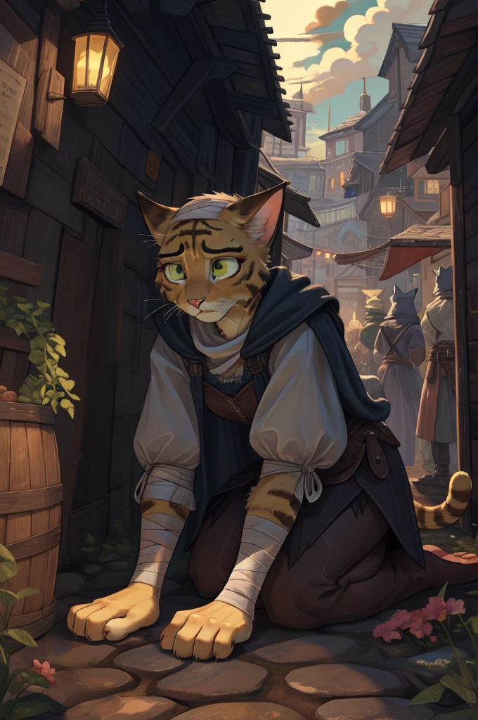 (masterpiece, best quality:1.2), katia, khajiit, feline, female, (Beautiful cute face), Charming, (cat nose), ((incredulous facial expression)), eyes are slightly closed, ((detailed beautiful female eyes)) yellow fur, medium breasts, green ripped shirt, brown cape, brown hood, tail, outdoors, dark time of day, (dark cloudy weater, rain), dirty road, tavern on background, small city, (bandages), fatigued, hungry, exhausted, grumpy, frown, embarassed, pleading