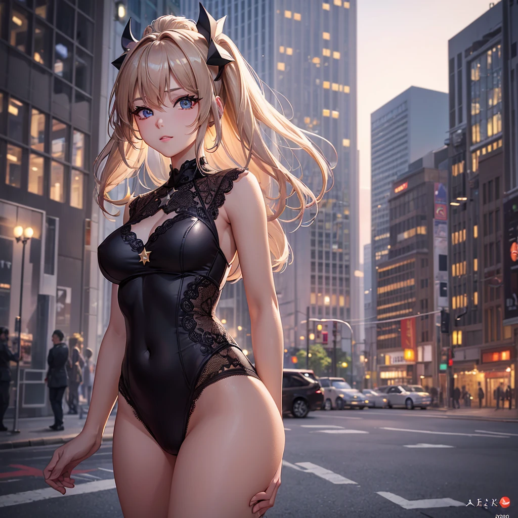 (extremely detailed CG unity 8k wallpaper),(masterpiece), (best quality), (ultra-detailed), (best illustration),(best shadow), cowboy shot, (sharp eyeliner, eyeshadow, detailed eyes:1), city background, ,BREAK , (star15school:1.2), hair ornament, ,camel toe , ชุดรัดรูป, โชว์กางเกงใน, โชว์หน้าอก, หัวนม,