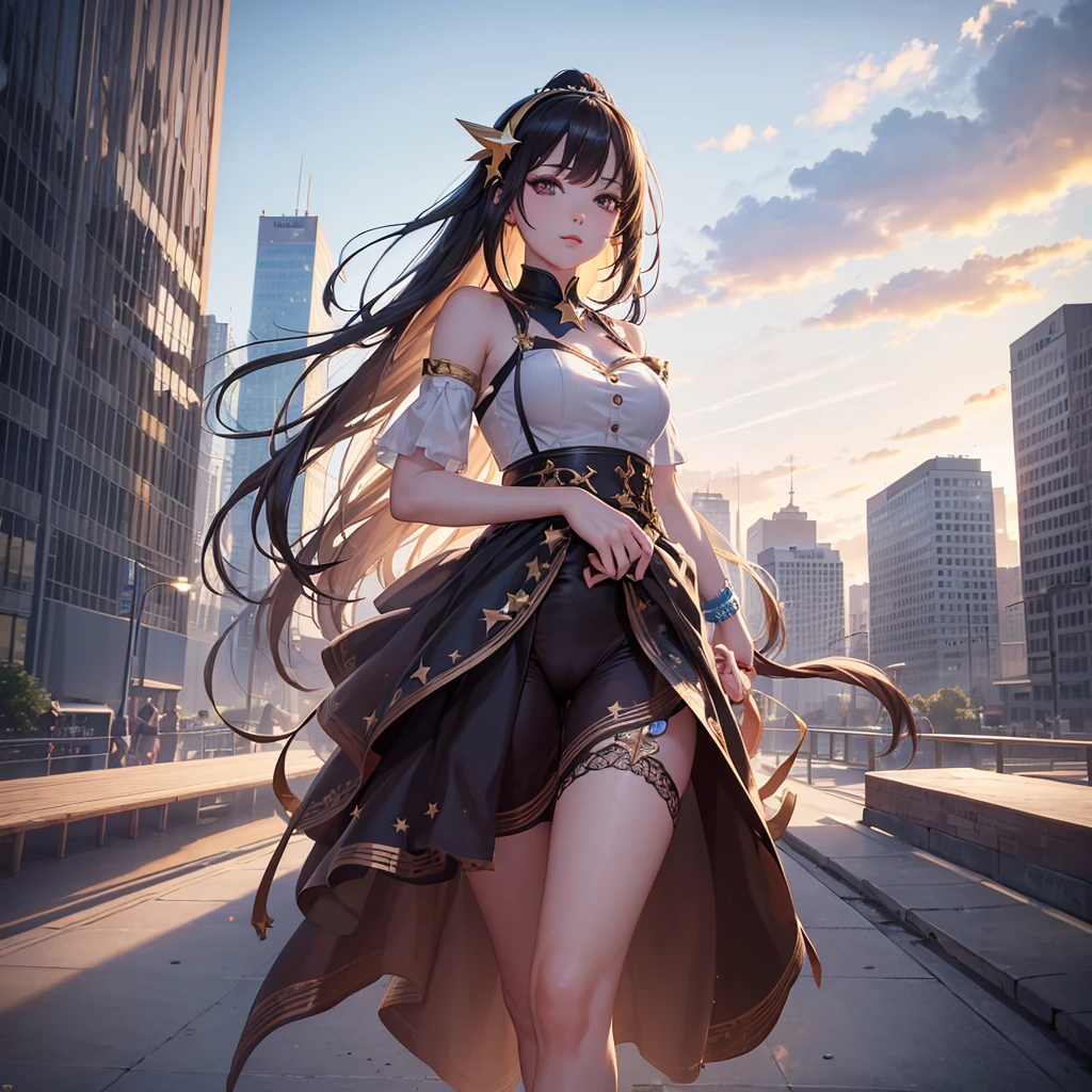 (extremely detailed CG unity 8k wallpaper),(masterpiece), (best quality), (ultra-detailed), (best illustration),(best shadow), cowboy shot, (sharp eyeliner, eyeshadow, detailed eyes:1), city background, ,BREAK , (star15school:1.2), hair ornament, ,camel toe , ชุดรัดรูป, โชว์กางเกงใน, โชว์หน้าอก, หัวนม,