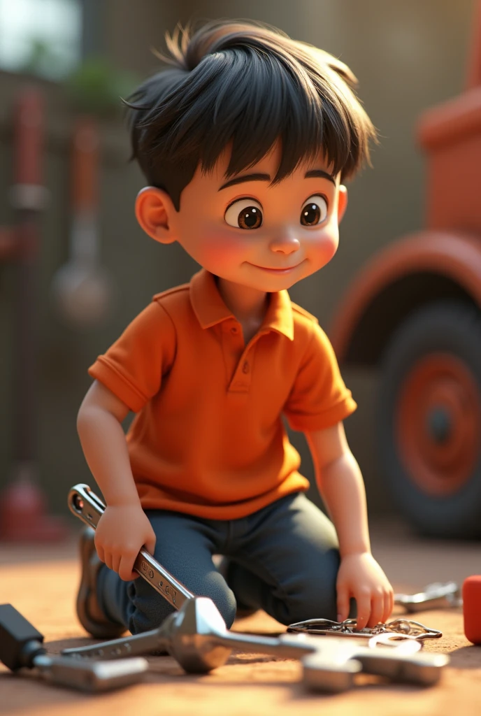 A children wearing an orange polo shirt, holding a wrench in one hand, is sitting on his knees facing left. 3D image
