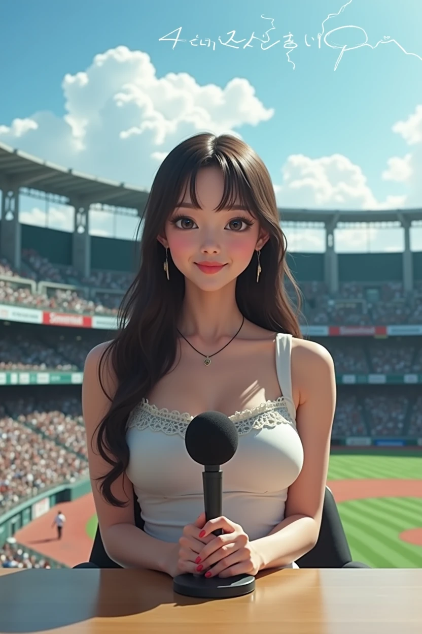 Woman sitting at a desk in front of a microphone, Instagram, Shinhanga, baseball stadium during a game, bright atmosphere, Tokyo Dome, covered!!, official media, Akira Toriyama, lightning!! (((photo, photorealism))), adult video poster layout, text on screen: "female announcer Shocking AV debut!!", big breasted female porn actor, dynamic pose, happy expression, pure beautiful smile, intelligent face, slender curves, large breasts, (((DVD mark, Blu-ray mark))).