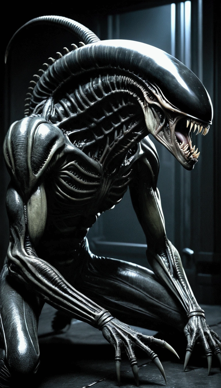 In the foreground, a terrifying alien Xenomorph emerges from the shadows, its elongated head crowned with a ring of sharp, retractable teeth. The creature's body is a blend of reptilian and insectoid features, with a muscular torso protected by a glossy, black exoskeleton, and a spiked tail that whips ominously behind it. A pair of extendable, clawed arms are tucked against its sides, while the primary set of limbs is bent in a predatory crouch. Its piercing, bioluminescent eyes lock onto an unseen target, hinting at an imminent strike. The floor is slick with a viscous, organic substance, suggesting a recent battle or the creature's method of movement. The corridor extends into the darkness, laden with the tension of the unknown. The overall atmosphere is one of dread and intrusion, as the Xenomorph, a creature of pure horror, stalks the confines of a once human-occupied space, leaving no corner untouched by its alien presence.