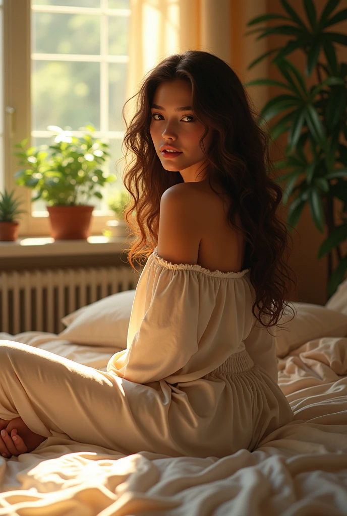(photorealism:1.2), beautiful woman, sitting on bed, wearing loose off-shoulder top, pajama pants, long curly hair, indoors, soft lighting, plants in background, window with sunlight, cozy room, relaxed pose, realistic, intricate details, warm colors, by Greg Rutkowski, by Alphonse Mucha