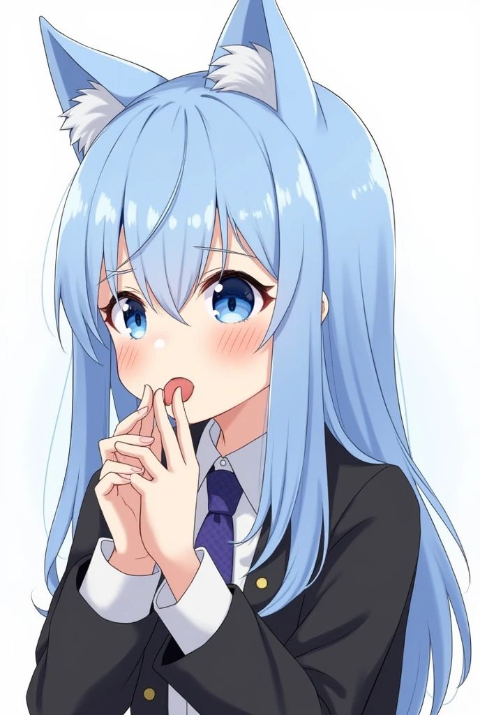  One girl, Animal ears, blue eyes, Long Hair, Blue Hair, Long sleeve, bangs, Cat ear, Upper Body, Focus Only, hair ornaments, Sleeves are longer than the wrist, blush, White Background, collared shirt, Simple Background, shirt, View your viewers, Jacket, black Jacket, One side up, Hair between the eyes, Slope, ;3, Slope background, Blue background, Oral sex,Blowjob,nsfw,Sperm on face,Open your mouth,saliva,In heat,Porn,Licking the penis,Sexual expressions,Ecstatic,Lewd expression,Sexy cumshot