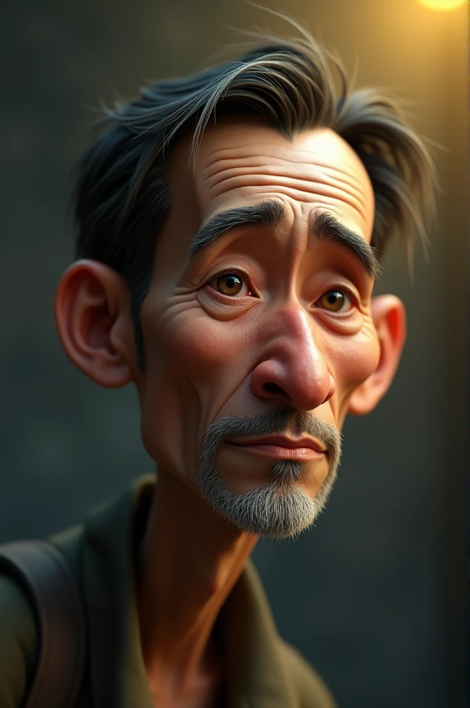 realistic 3D caricature, 40 year old Indonesian man, thin face, thin, very thin eyebrows, thin hair, sharp nose, soft yellow lighting, coal mine background