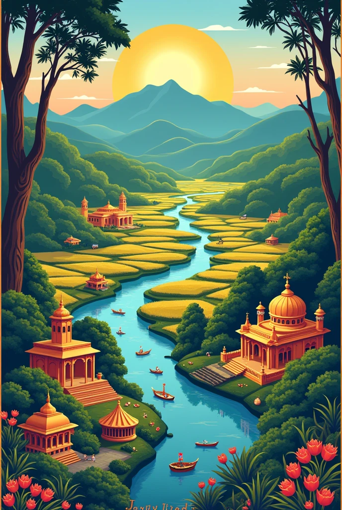 JANJGIR CHAMPA this is bolt on header
Design an HD-quality poster representing Janjgir Champa, a district in Chhattisgarh. The poster should capture the essence of the region by incorporating the following elements in a harmonious and vibrant design:
Crocodile Park ,Shivrinarayan, Nakta Nakti Temple, Shabri Ashram ,Hasdeo River district,
Satnami Community & Guru Ghasidas, Panthi Dance ,Paddy Production ,Canals
,Kosa Production Factory