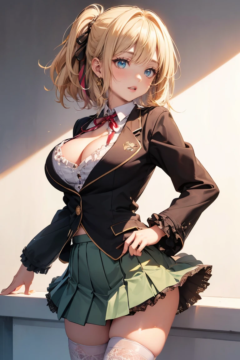 (cowboy shot: 1.5), (white background, simple background: 1.5), (masterpiece:1.5), (big breasts: 1.5), (1 girl: 1.5), young woman, (Beautiful Girl:1.5), (extremely detailed and delicate anime face and eyes:1.5), whole body, (natural light, HDR, extremely details CG:1.3), (dynamic posture: 1.3), {correct body anatomy}, (wide hips: 1.3), (perfect hands: 1.5), single focus, toned body, Beautiful Lips, thick lips, {surreal}, {correct posture}, {minutes details}, {detailed body}, {detailed clothing}, (Bright Eyes: 1.3), (cleavage: 1.3), {accessories}, {sexy}, high school girl, (school jacket: 1.5), (Short blazer: 1.3), (recruit shirt: 1.3), long sleeves jacket, (open blazer: 1.3), jacket, (juliet sleeves: 1.5), (long sleeves: 1.3), (pleated skirt: 1.5), (skirt with lots of frills: 1.5), (brown lace thighhighs: 1.5), brown thighhighs, (thigh ribbon: 1.3), (Hakama bow: 1.3), (neck ribbon: 1.5), (black boots high-heeled: 1.3), jewelry, earrings, (light smile: 1.3), (medium hair: 1.5), (two-tone hair: 1.5), (Blonde hair: 1.5), (lavender streaks: 1.3), (Blonde hair with lavender streaks: 1.5), (hairup: 1.5), hair loop, (two side up: 1.3), very thick hair, (swept bangs: 1.5), glowing hair, (white sidelocks: 1.5), (bright light green eyes: 1.3),